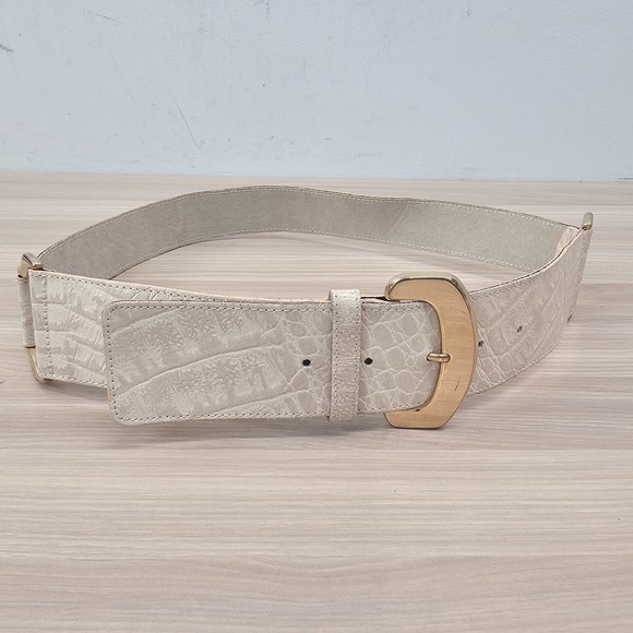 Vintage Crocodile Waist Belt Womens Small Off White Croc Leather‎ Retro 80s Glam